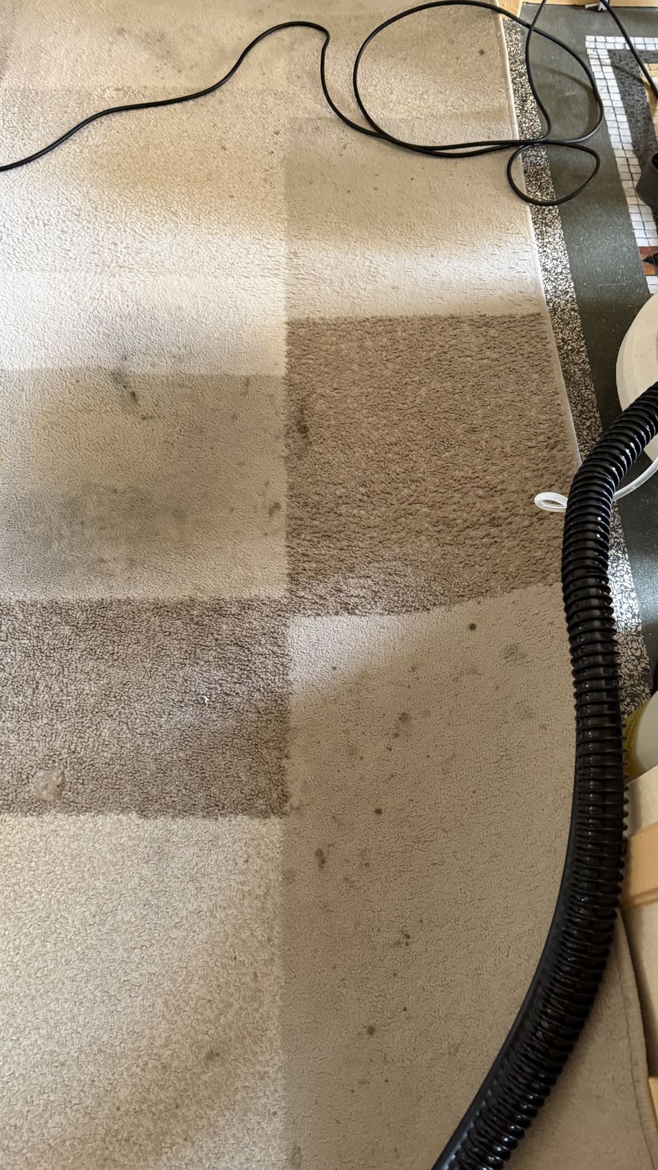 Tapis en cours de nettoyage, la bande lavée se distingue